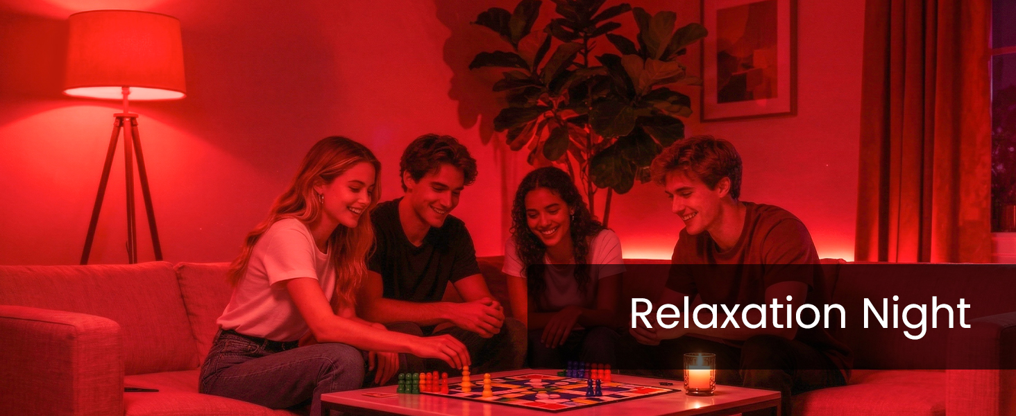 Text reads 'Relaxation Night.' Red-toned photograph showing people in relaxed indoor setting with warm lighting and lamp visible.