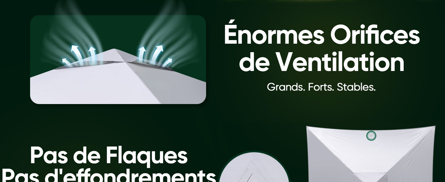 Le texte indique « Énorme orifices de ventilation », « Pas de Flaques », « Garantie, Forte, Stable ». Illustration du produit montrant la conception du système de ventilation.