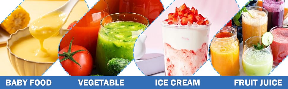 Composite image of food categories: baby food (yellow puree), vegetables (tomato), ice cream (strawberry dessert), and fruit juices (colorful smoothies in glasses).