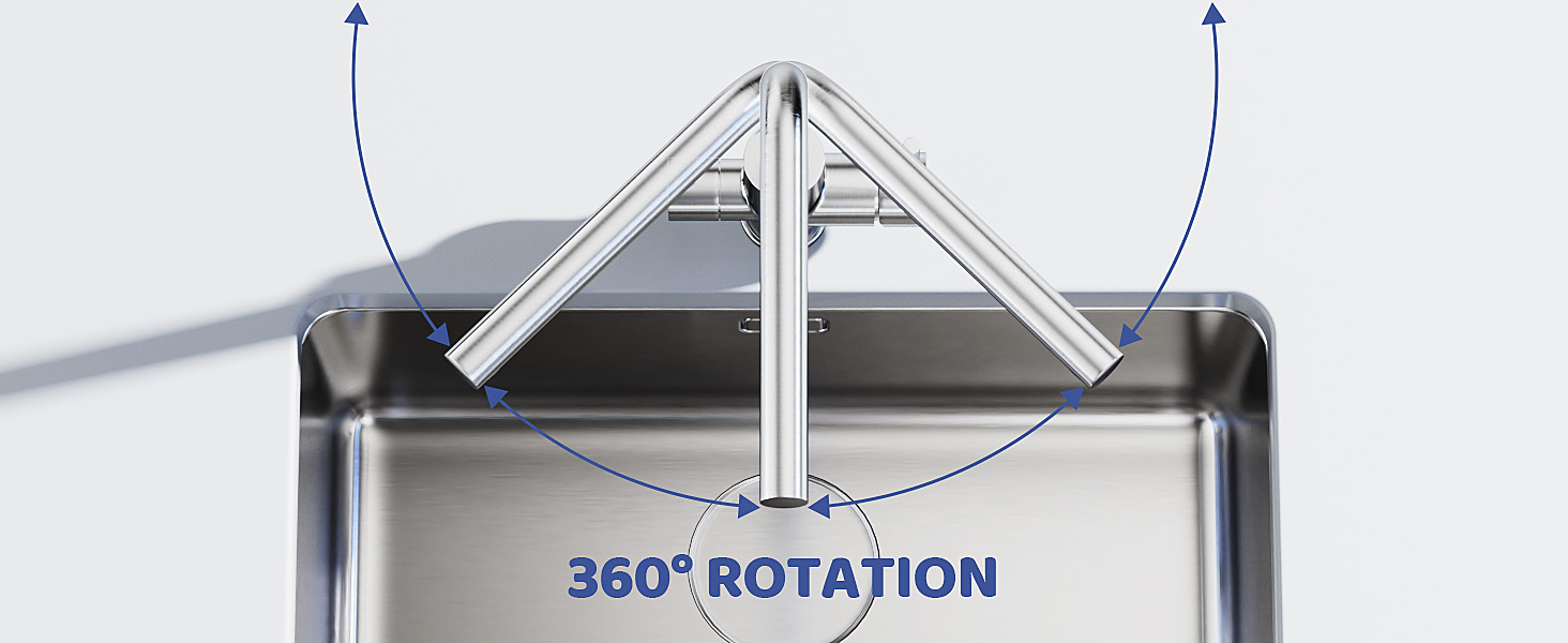 Diagram showing 360-degree rotation capability of a device with extending metal arms in a metallic housing.
