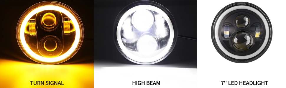 Text reads 'TURN SIGNAL', 'HIGH BEAM', and '7'' LED HEADLIGHT'. Three circular LED headlight variations shown with different brightness and color settings.