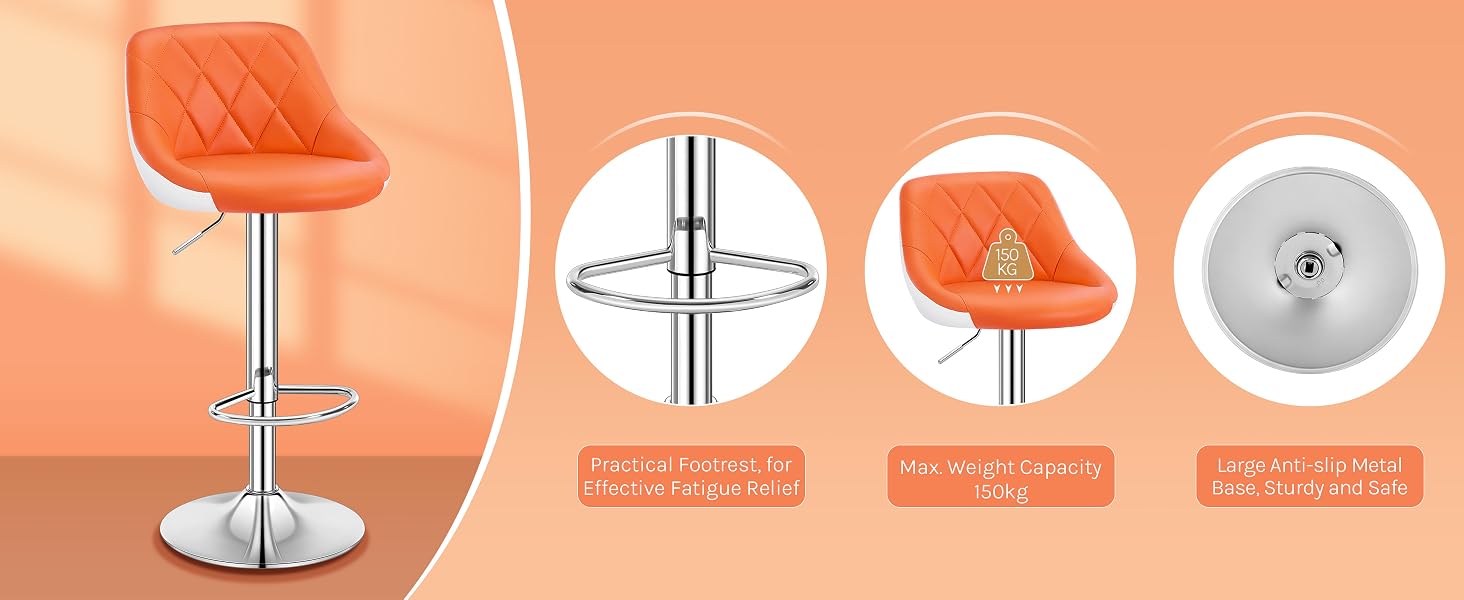 Orange adjustable bar stool with quilted seat, chrome base, and footrest. Features include 360-degree swivel, height adjustment, and a large weight capacity.
