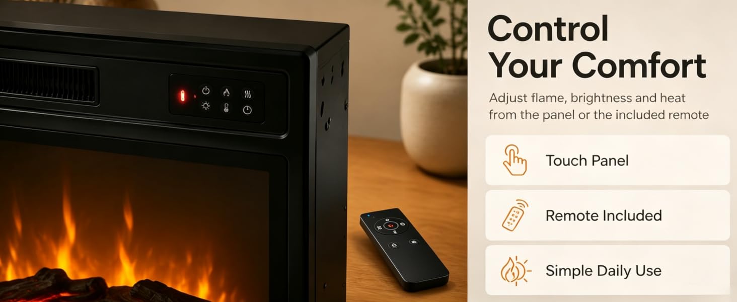 Text reads 'Control Your Comfort' with subtext 'Keep warm and cozy with temperature adjustments' and features 'Touch Panel', 'Remote Included', 'Simple Daily Use' with icons. Black electric fireplace insert with glowing orange flames and remote control on wooden surface.