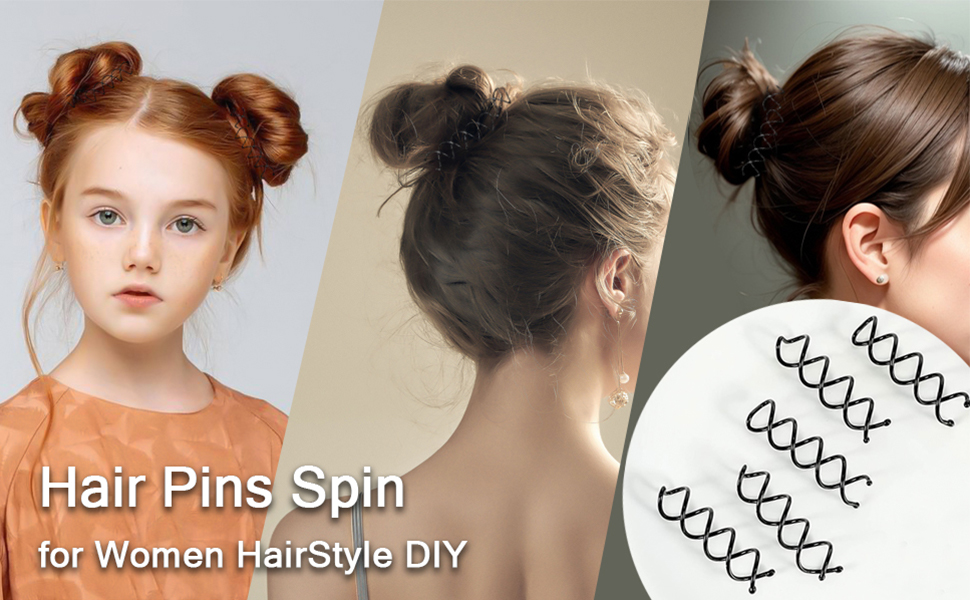 Spin pour le bricolage de coiffure pour femmes. Image composite montrant différentes coiffures et des épingles à cheveux en métal noir en forme de spirale pour créer des chignons et des chignons