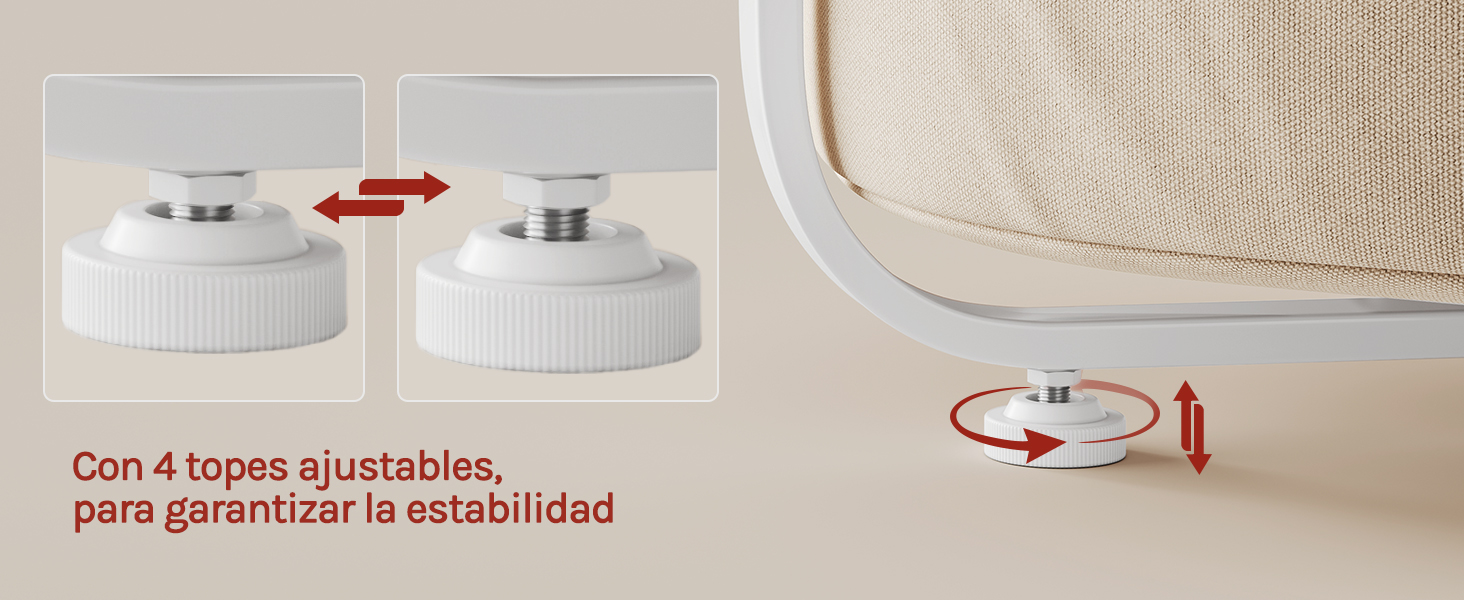 El texto dice «Con 4 topes ajustables, para garantizar la estabilidad». Demostración de patas o niveladores ajustables blancos para muebles que se muestran en varias posiciones y pasos de instalación.