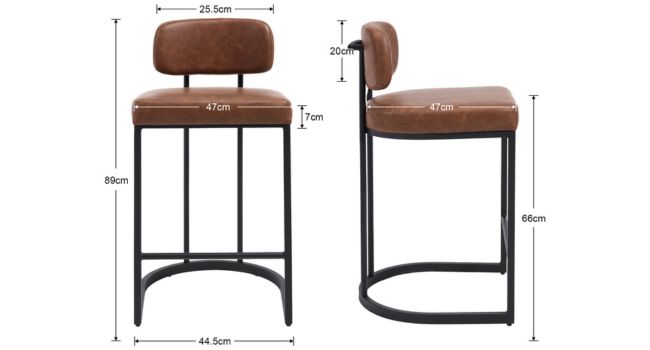 Schéma technique montrant les vues de face et de côté du tabouret de comptoir rembourré brun avec structure en métal noir.
