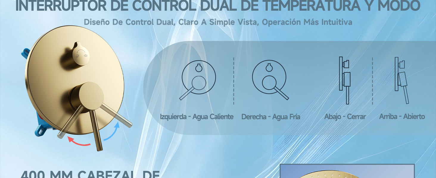 Control de ducha redondo de latón con ajustes duales de temperatura y modo. Cuenta con perilla izquierda para agua caliente, derecha para agua fría y palanca arriba/abajo para encender/apagar y