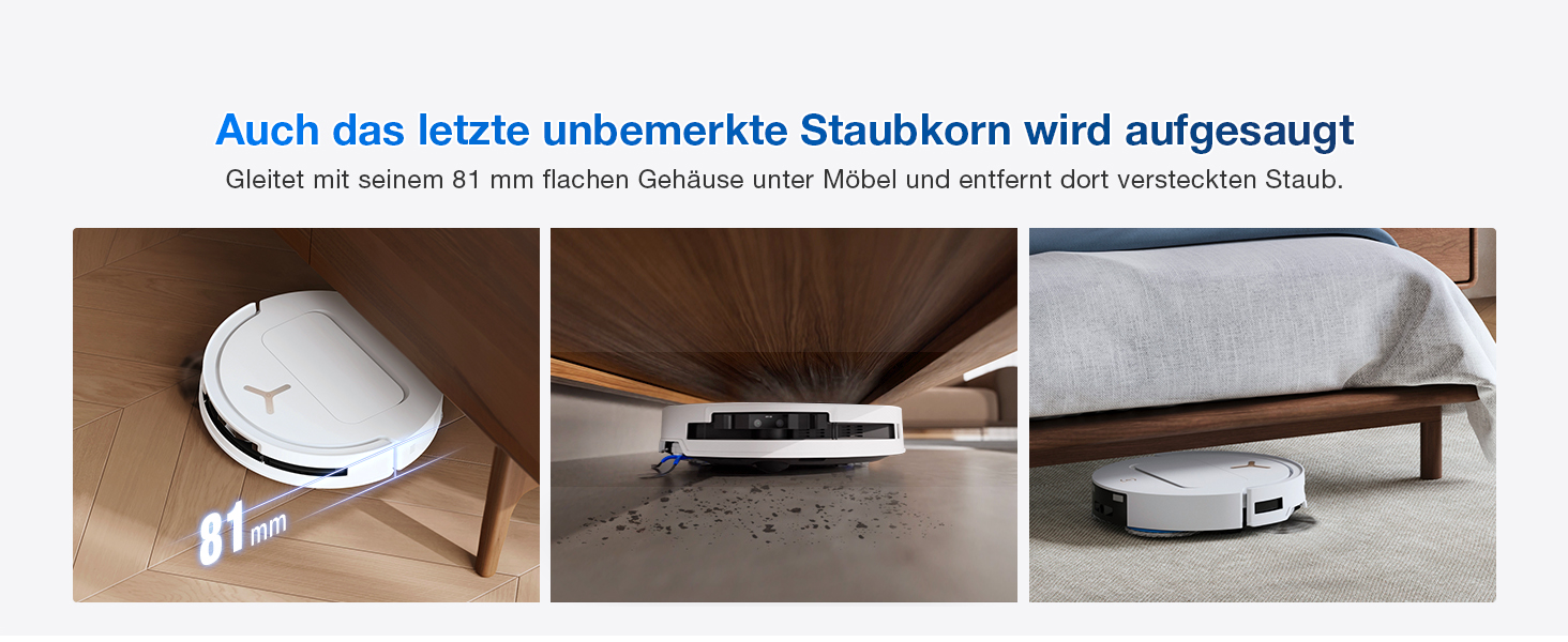 Der Text lautet „Auch das letzte unbemerkte Staubkorn wird aufgesaugt“ und „Optimal ist: ab nur 1 m Reichweite. Hartboden oder Möbel und mehr? Jain nachhaltig staubsaugen.“ Drei Paneele zur Produktansicht zeigen eine weiße, kreisförmige, an der Decke montierte Vakuumeinheit, ein schwarzes, tragbares Befestigungswerkzeug und eine Ablage unter dem Bett.