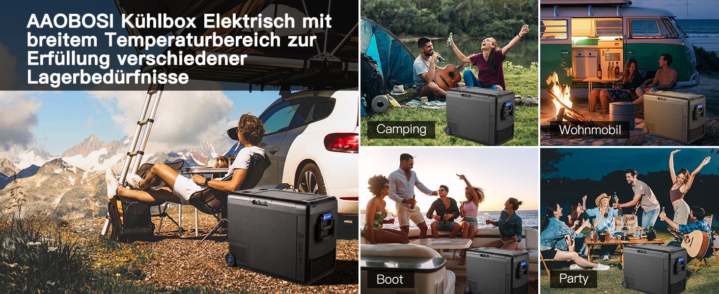 Elektrische Kühlbox mit mehreren Lifestyle-Bildern, die den Einsatz im Freien beim Camping, am Strand und in der Freizeit zeigen. Das Produkt verfügt über eine Temperaturkontrolle für die Aufbewahrung von Lebensmitteln.