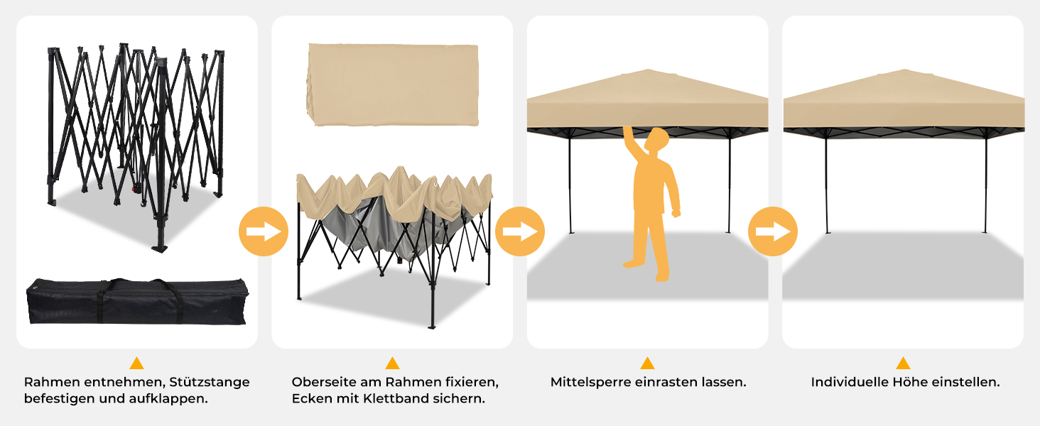 Ähnliches technisches Diagramm wie Bild 4, das eine alternative Ansicht oder Variation der Montageschritte für das Vordach und das Zelt mit passendem Farbschema und Komponentenlayout zeigt.