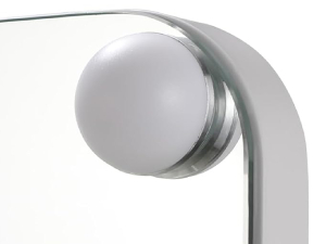 Close-up detail of a minimalist curved metal or chrome fixture with a cylindrical end cap against a white background.