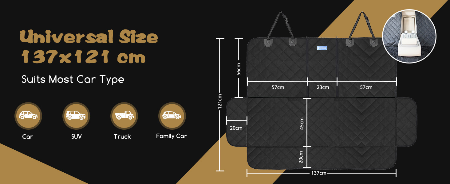 Universal size car seat cover diagram. Measures 137x121 cm, fits most car types including SUV, truck, and family car. Shows detailed dimensions of cover parts.