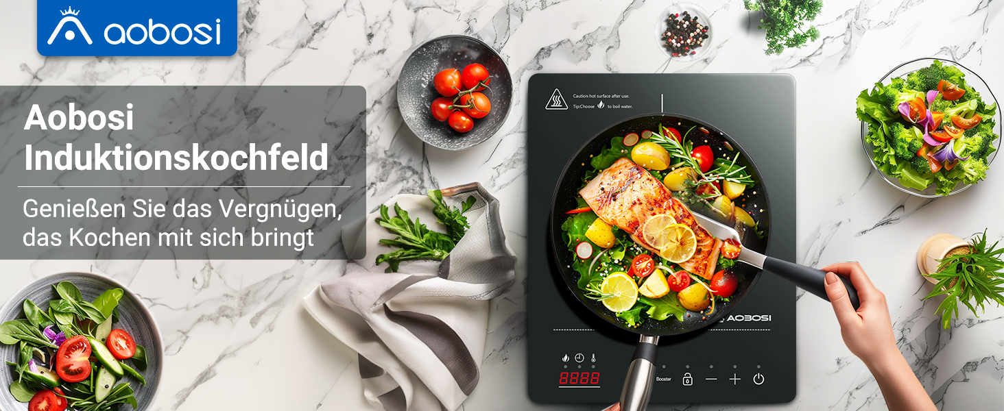 Aobosi-Induktionskochfeld mit verschiedenen zubereiteten Gerichten abgebildet. Schwarzes Einbrenner-Kochfeld mit Touch-Bedienung, umgeben von frischen Salaten