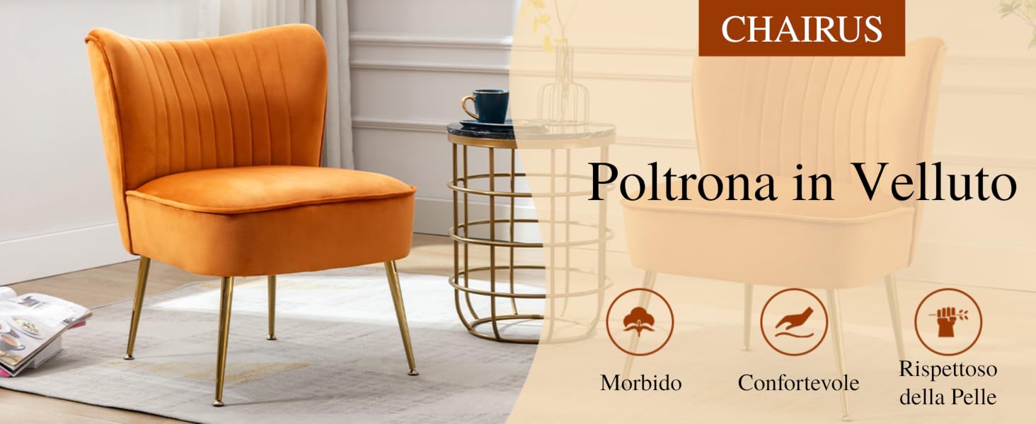 Sedia in velluto arancione con capitonné verticale sullo schienale. Gambe in metallo dorato. Tavolino con tazza blu nelle vicinanze. Le icone indicano caratteristiche morbide, confortevoli e delicate sulla pelle