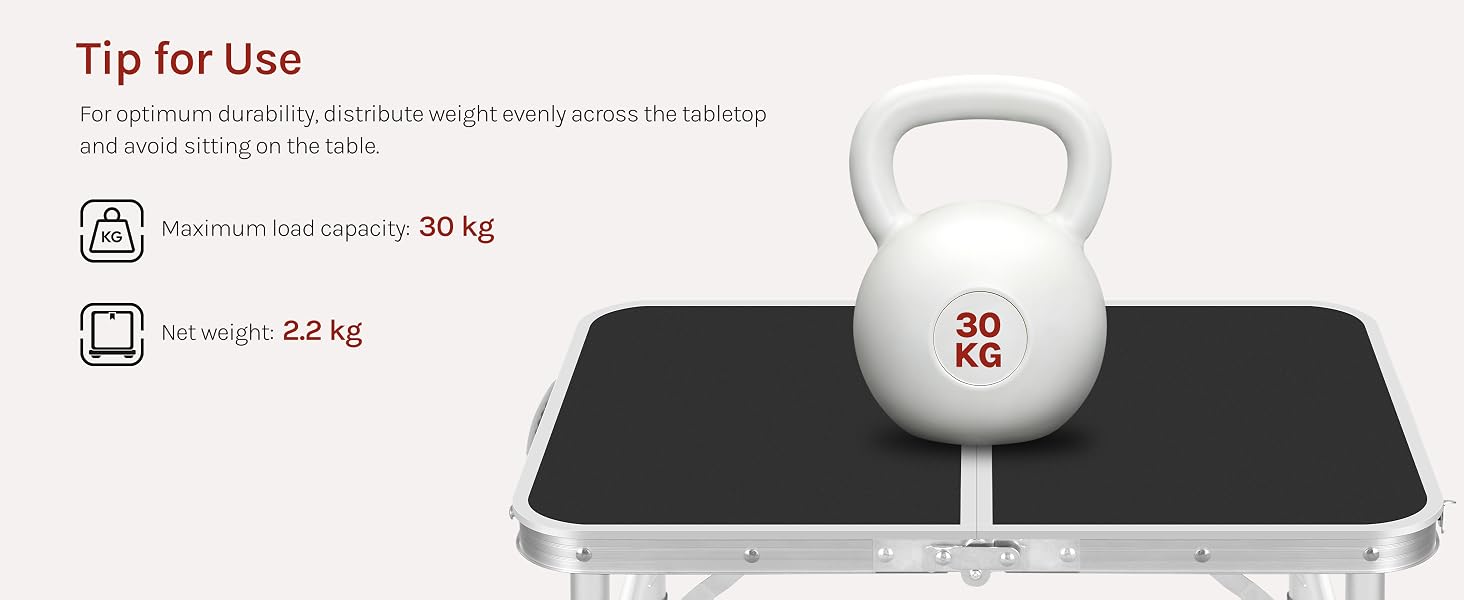 Text reads 'Tip for Use' with specifications including 'Max. load approx. 20kg' and 'Leverage 2.6kg'. White kettlebell with red number 20 marking sits on black anti-slip mat platform.