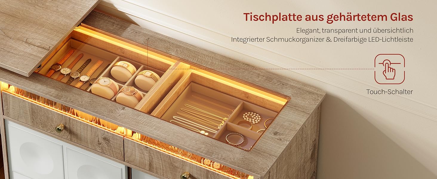 Der Text lautet „Tischplatte aus gährlichem Glas“ (Tischplatte aus gehärtetem Glas). Aufbewahrungsbox aus Holz mit mehreren Fächern und goldbrauner Oberfläche aus gehärtetem Glas, die zur Aufbewahrung oder Präsentation in organisierte Abschnitte unterteilt ist.