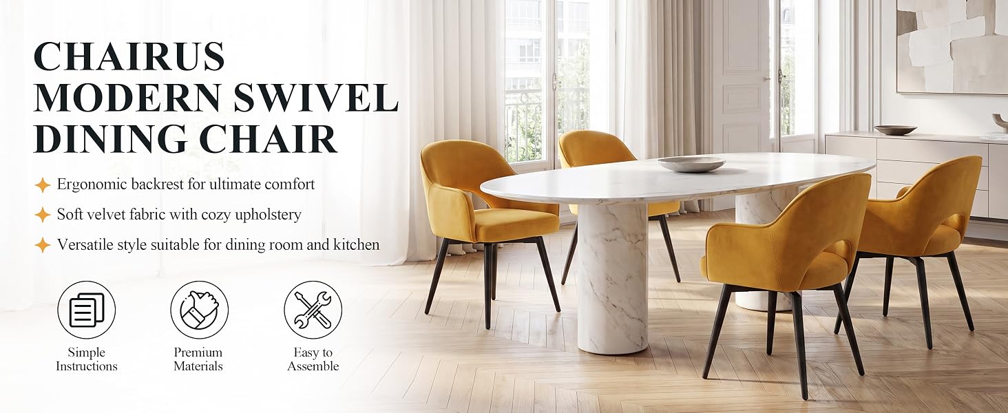 Text reads 'CHAIRUS MODERN SWIVEL DINING CHAIR' with specifications including '4.8 stars,' 'Ergonomic backrest,' 'Comfortable cushion,' '360° swivel,' and certification icons. Two mustard-colored swivel chairs shown in modern dining room setting with white table.