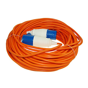 Orange extension cord coiled in circular pattern with blue and white electrical connector visible at one end.