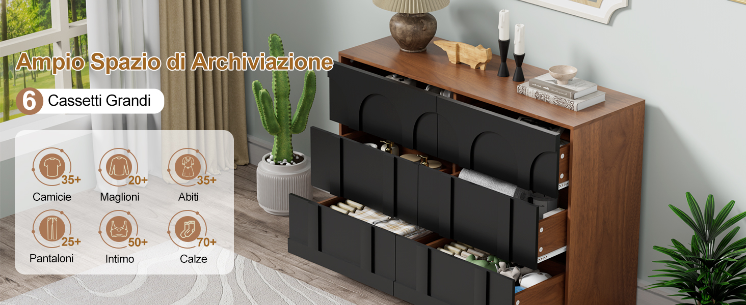 Il testo recita «Armadietto con ripiano regolabile» con finitura venata del legno, diversi scomparti per ripiani e opzioni di colore visualizzate. Armadio in legno con scaffali neri e pianta in vaso.