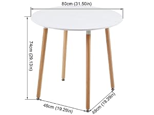 Schéma d'une table ronde blanche avec pieds en bois, montrant les dimensions : 80 cm de diamètre, 72 cm de hauteur, 49 cm