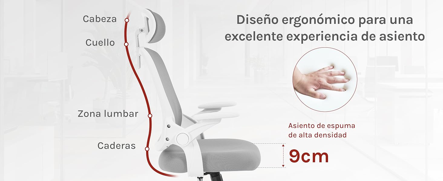 en español que muestra la alineación de la columna vertebral y los detalles del cojín del asiento con una especificación de medidas de 9 cm.