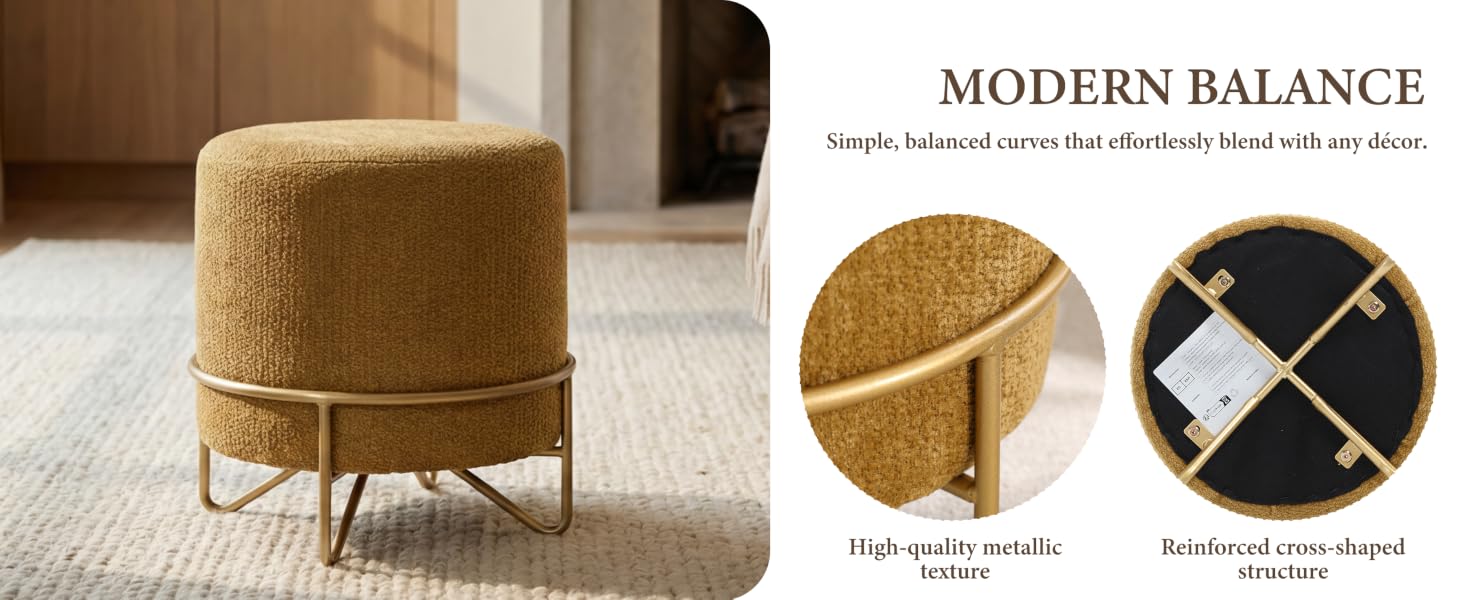 Text reads 'MODERN BALANCE'. Advertisement shows modern rounded ottoman or footstool in black and gold/tan leather, with split-design visual showing material quality and circular shape.