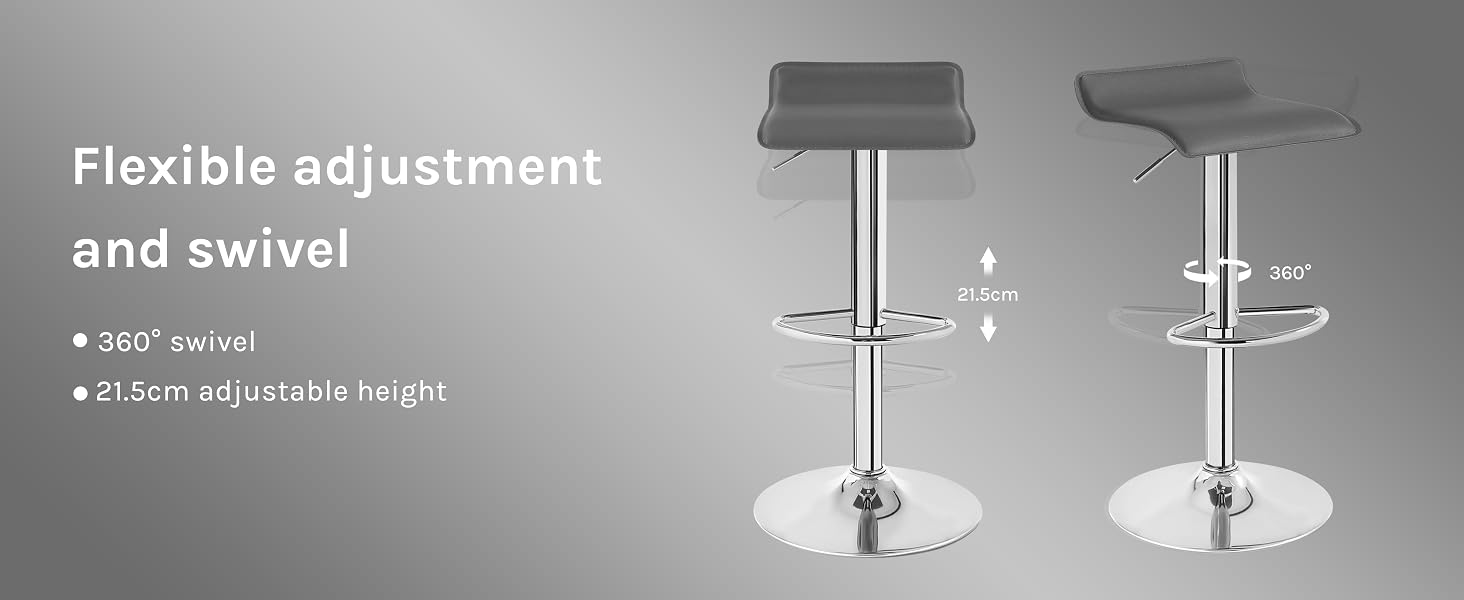 Two adjustable bar stools with gray seats, chrome bases, and footrests. Features 360° swivel and 21-32 inch height adjustment. Shown in side and front views.