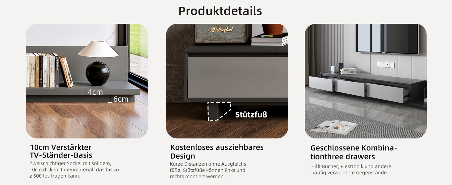 Satz von Produktdemonstrationsbildern, die schwarze Elektronik- oder Küchengeräte mit Bildschirmen und Bedienfeldern zeigen.