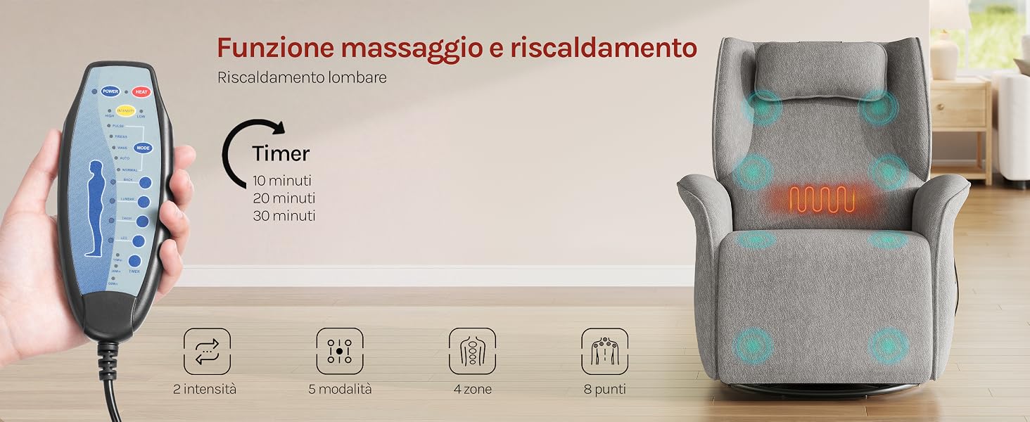 Il testo recita 'Funzione massaggio e riscaldamento'. Dispositivo massaggiatore elettrico mostrato in mano con interno in gel blu. Le icone sottostanti indicano le funzioni di massaggio, il riscaldamento, il timer e le impostazioni di intensità per uso terapeutico.