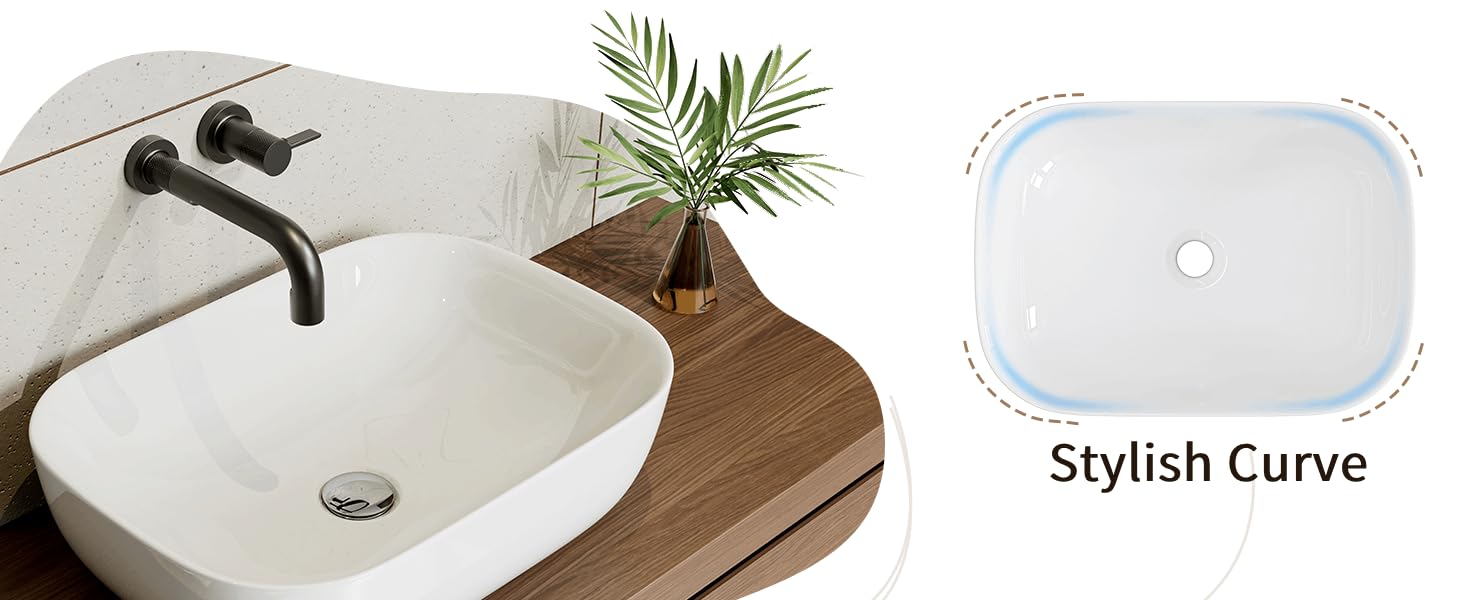 Text reads 'Stylish Curve', 'Roomy Interior', '45MM-Standard Drain'. Modern white vessel sink on wooden surface with labeled feature diagrams.