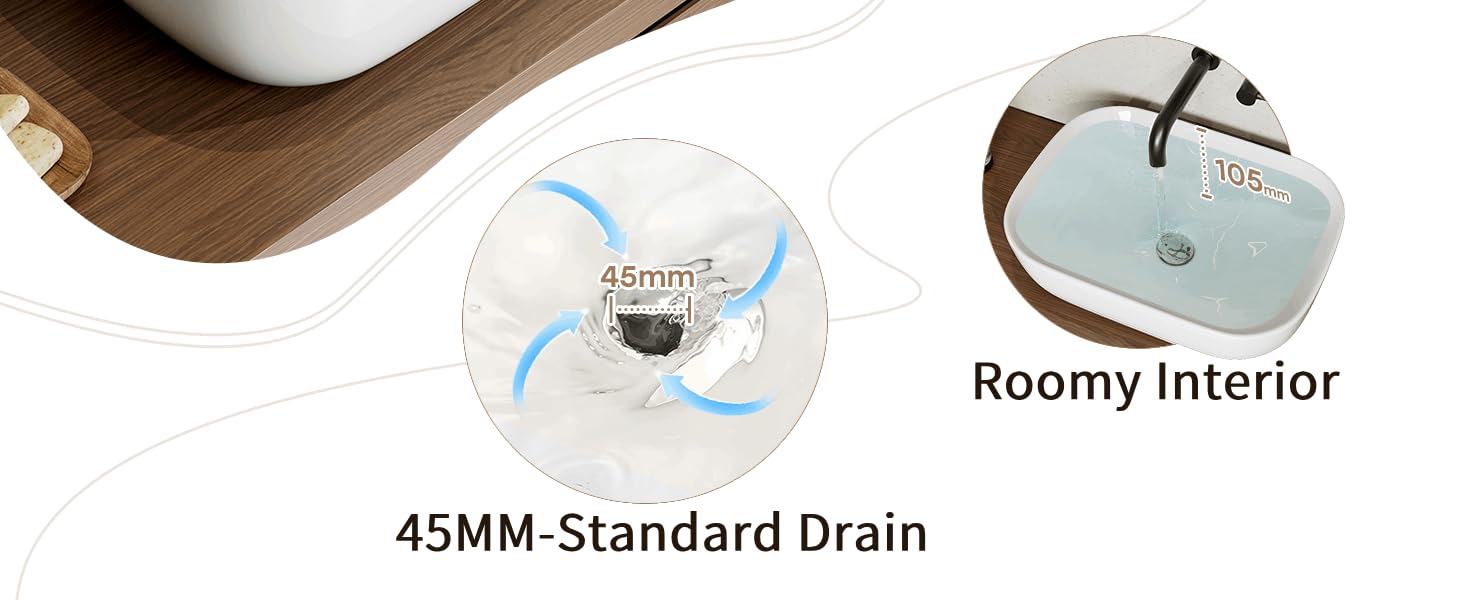 Text reads 'Stylish Curve', 'Roomy Interior', '45MM-Standard Drain'. Modern white vessel sink on wooden surface with labeled feature diagrams.