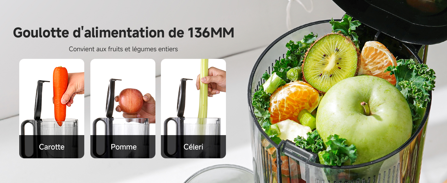 Le texte indique « Goulotte d'alimentation de 136 MM ». Série d'images montrant la préparation des aliments avec des légumes frais et des systèmes organisés de stockage des ingrédients.