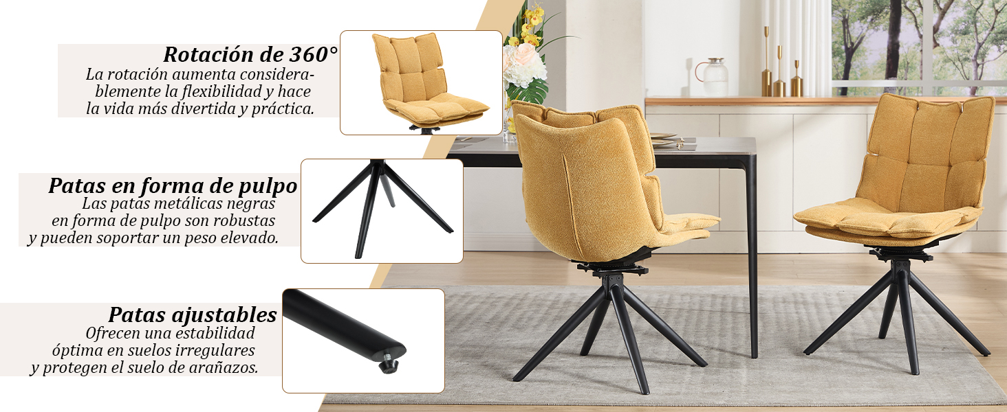Texto en español sobre muebles. Serie de imágenes que muestran una silla de oficina moderna en diferentes ángulos, con base metálica y tapicería de color beige.