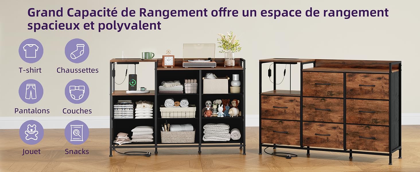 Le texte indique « Grande Capacité de rangement offre un espace de rangement spacieux et polyvalent » avec des icônes d'organisation du rangement. Armoires de rangement blanches et marron foncé présentées côte à côte.