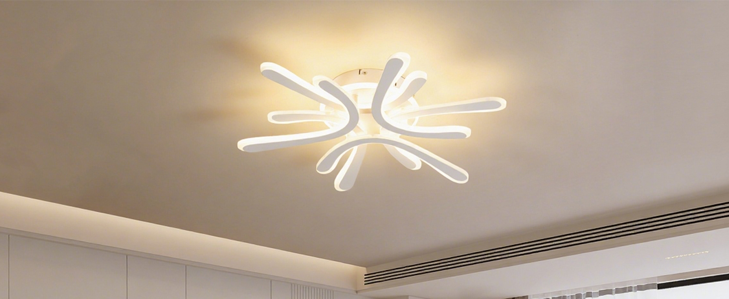 Moderne LED-Deckenleuchte, die in verschiedenen Zuständen gezeigt wird und ein zeitgemäßes, schneeflockenähnliches Design mit mehreren beleuchteten Armen zeigt.