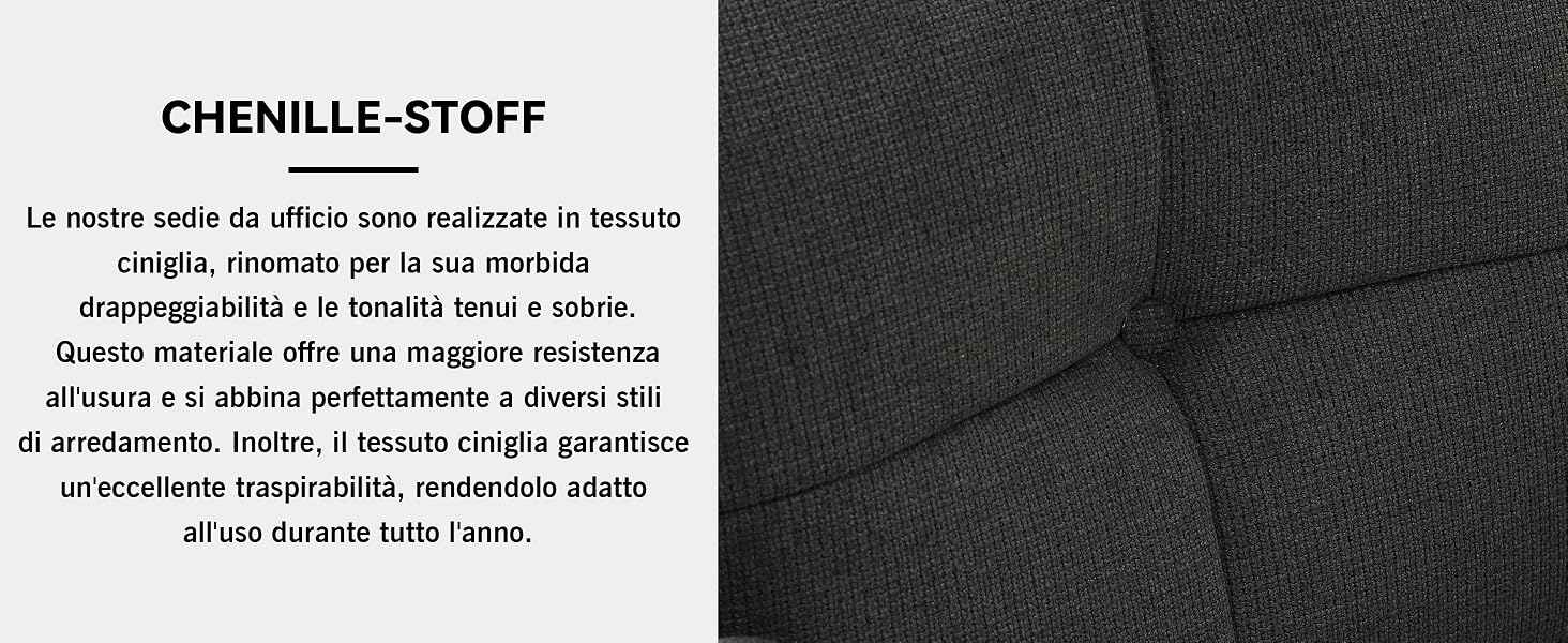 Der Text lautet „CHENILLE-STOFF“, gefolgt von einem italienischen Text, der die Stoffeigenschaften beschreibt. Zeigt dunkles strukturiertes Stoffmaterial in Nahaufnahme.