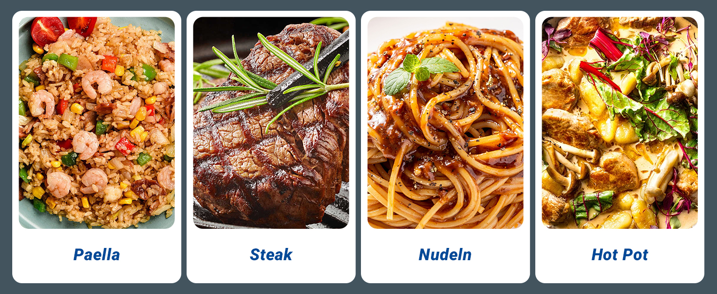 Vier Gerichte mit den Bezeichnungen Paella, Steak, Nudeln und Hot Pot, die verschiedene Fertiggerichte im rechteckigen Fotolayout zeigen