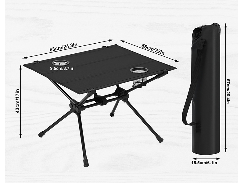 Tavolo pieghevole portatile con dimensioni 63x56 cm e altezza 42 cm. Include custodia per il trasporto.