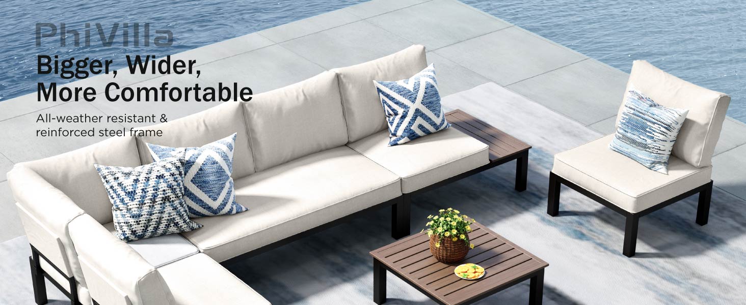 PHI VILLA Metal Garden Furniture L Shaped Corner Sofa Patio Conversation Set