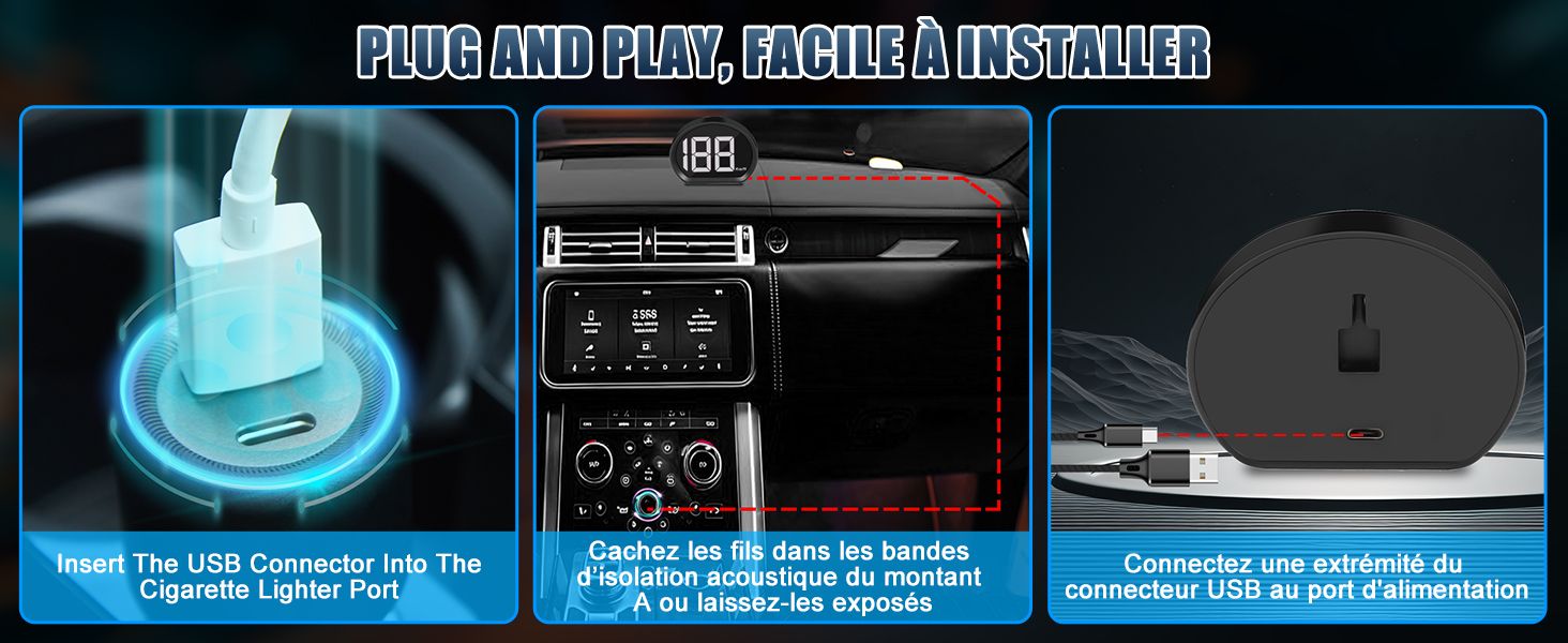 Immagine a tre pannelli che mostra l'installazione dell'adattatore USB per auto: luminoso Connettore blu, porta sul cruscotto e dispositivo nero compatto per connessione USB