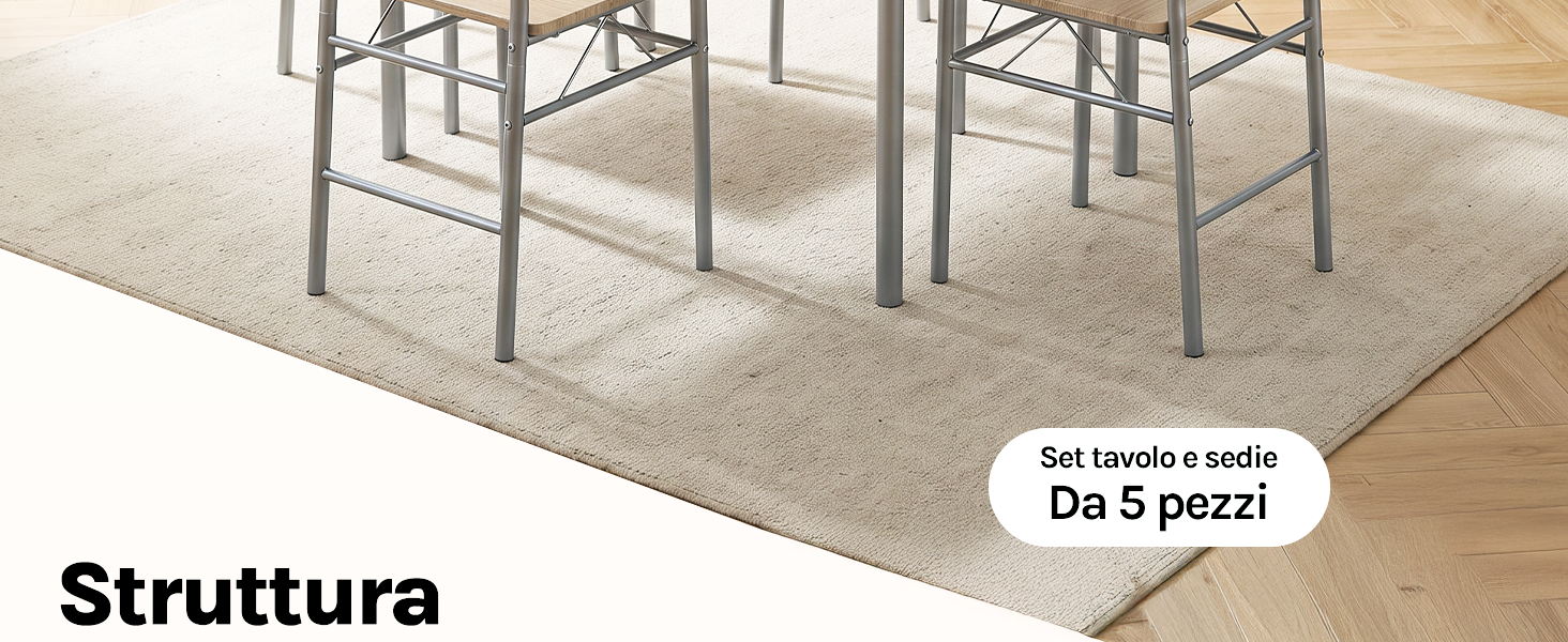 Il testo recita 'Struttura' e 'Da 5 pezzi'. Tavolo o scrivania con struttura in metallo grigio con quattro gambe su superficie beige neutra, mostrata dall'alto.