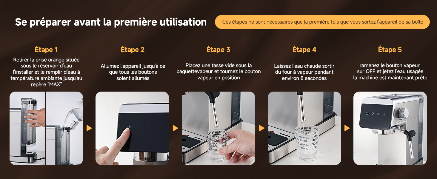 Guide d'installation étape par étape présentant les cinq étapes de configuration de l'appareil avec des instructions en français, présentant les composants du produit et la séquence d'assemblage sur fond noir.