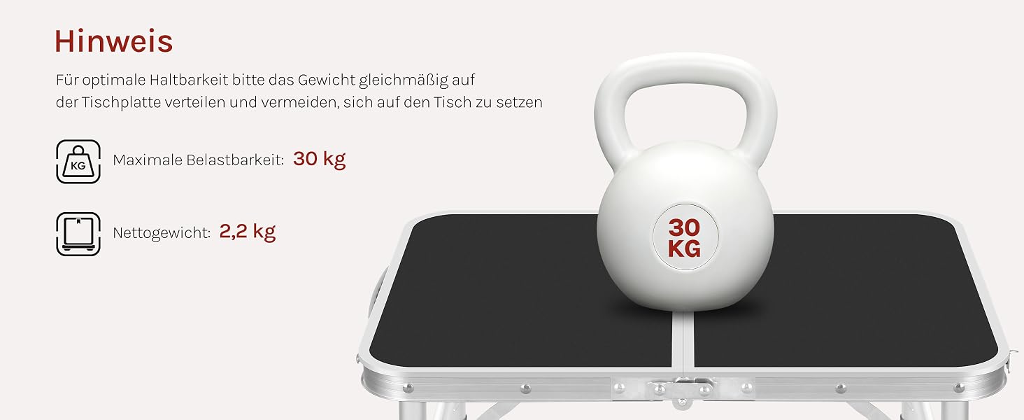 Der Text lautet „Hinweis“. Digitale Badezimmerwaage mit Anzeige von „30 kg“ mit den folgenden Gewichtsangaben: „Maximale Tragkraft: 30 kg“ und „Tragkraft: 2,5 kg“.