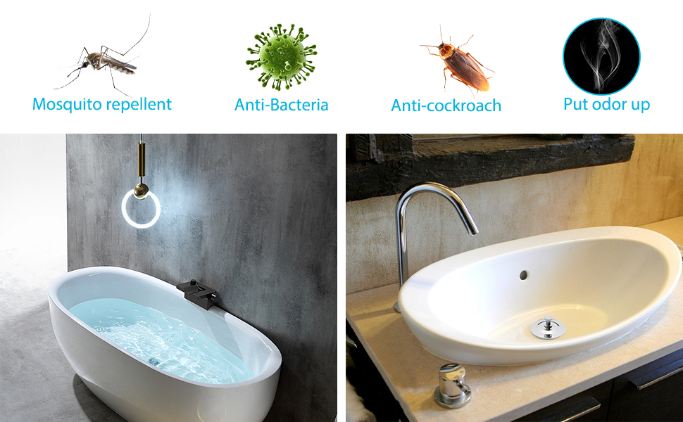 Split image showing bathroom fixtures with icons indicating anti-pest and bacteria protection features, displaying both a freestanding tub and mounted sink.