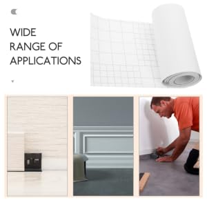 Roll of white adhesive grid paper with examples of usage: decorating walls, baseboards, and flooring. Text states 'WIDE RANGE OF APPLICATIONS'.