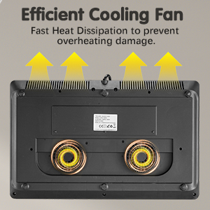 Le texte indique « Ventilateur de refroidissement efficace » avec cinq étoiles jaunes. Ventilateur de refroidissement pour ordinateur en plastique noir avec deux boîtiers de roulement dorés.