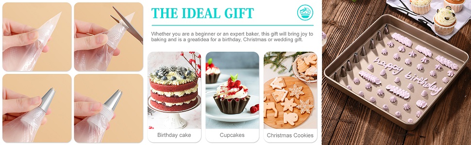 Mise en page sur le thème de la pâtisserie présentant des techniques de tuyauterie, des gâteaux décorés, des biscuits et une plaque à pâtisserie avec de multiples images de démonstration