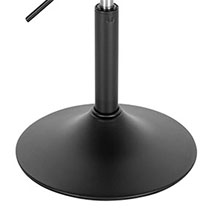 Base circular negra con un vástago cilíndrico, probablemente un soporte para micrófono o un soporte de pantalla. La base tiene un fondo ancho y plano para mayor estabilidad.