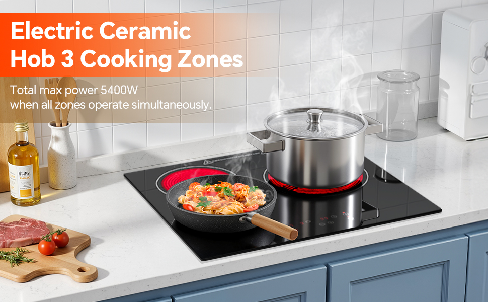 Le texte indique « Image 7 », « Plaque vitrocéramique électrique 3 zones de cuisson », « Puissance maximale totale 5 400 W ». Plusieurs vues de la table de cuisson en céramique noire avec zones de chauffage circulaires.