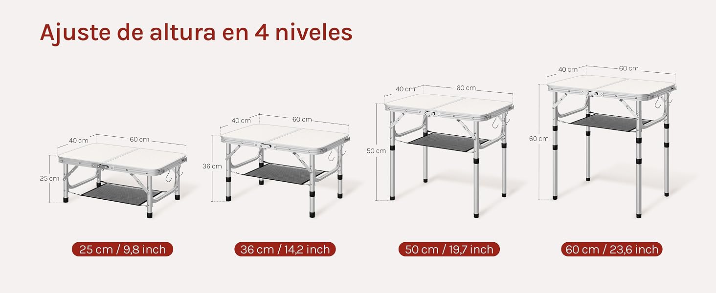 El texto dice «Ajuste de altura en 4 niveles». Diagrama que muestra una mesa o un escritorio ajustables a cuatro alturas diferentes con las medidas indicadas.